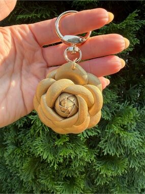 Gold Leather Floral Keychain Charm